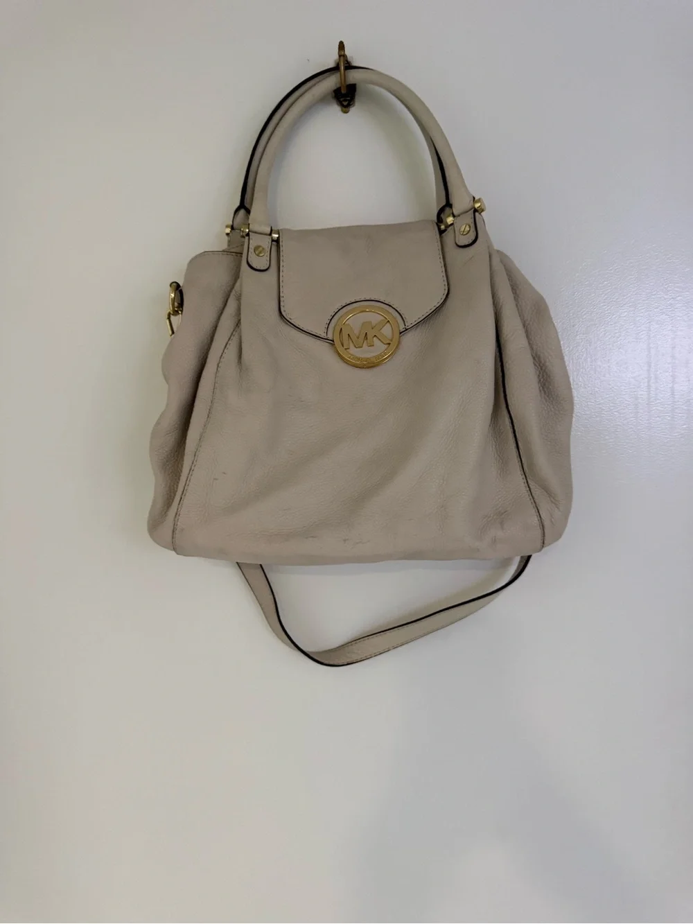 Michael Kors Taupe Leather Shoulder Bag with Gold MK Emblem